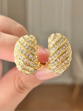Authentic Vintage Dior Swirl Striped Rhinestone Pavé Gold Hoop Clip-On Earrings